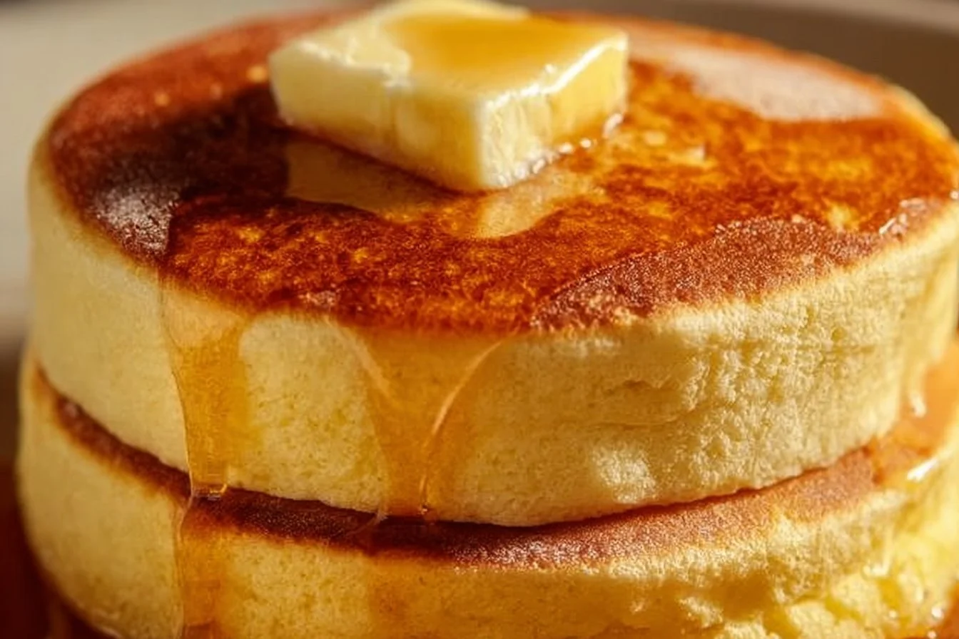 Fluffy Japanese hotcakes stacked with syrup and fruit on a plate