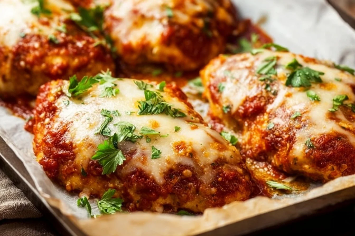 Delicious Keto Chicken Parmesan served with a side of vegetables.
