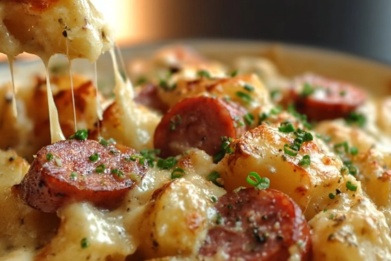Cheesy potato kielbasa casserole dish ready to serve