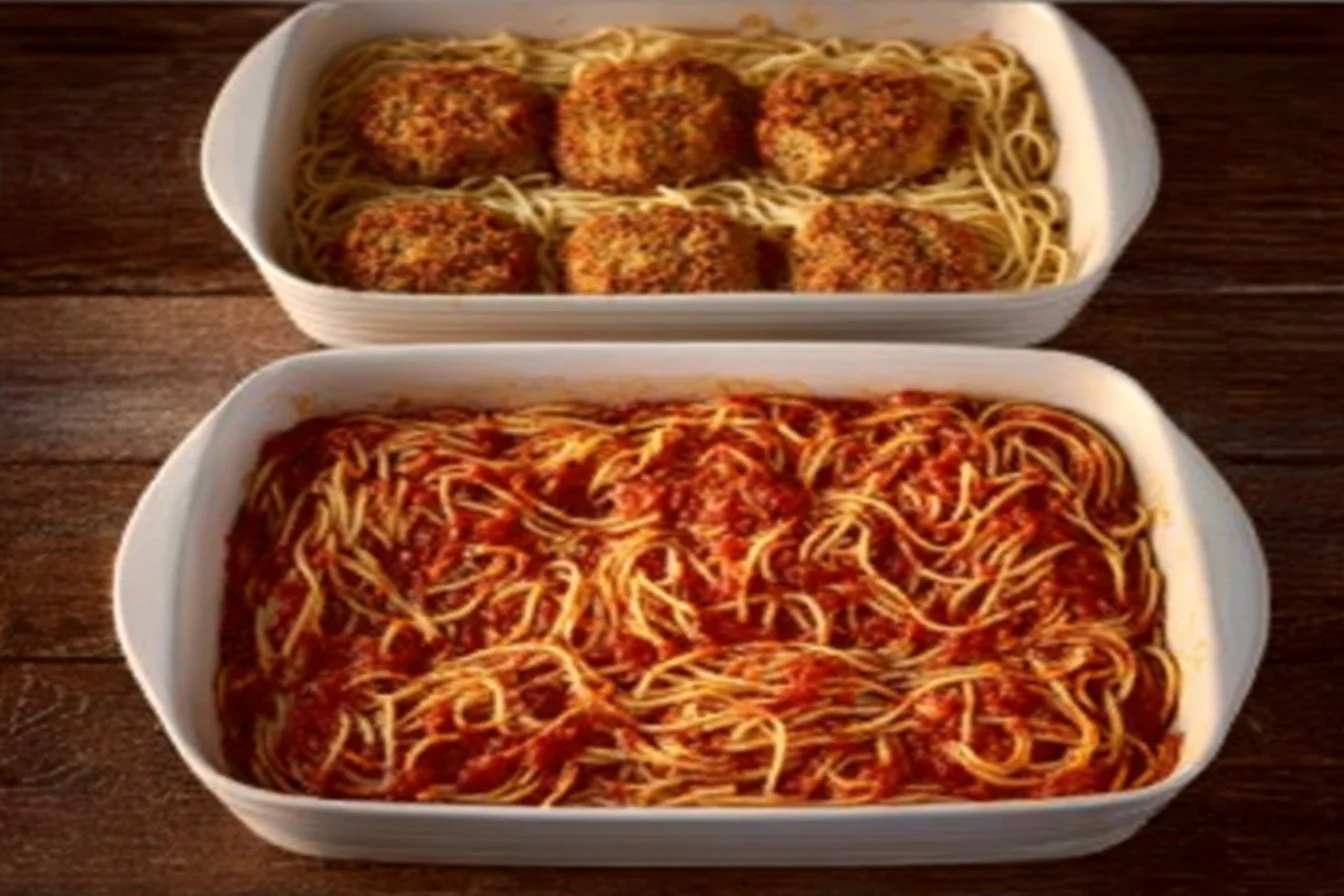 Lazy Chicken Parmesan Baked Spaghetti 4 Lazy Chicken Parmesan Baked Spaghetti dish topped with cheese and herbs.
