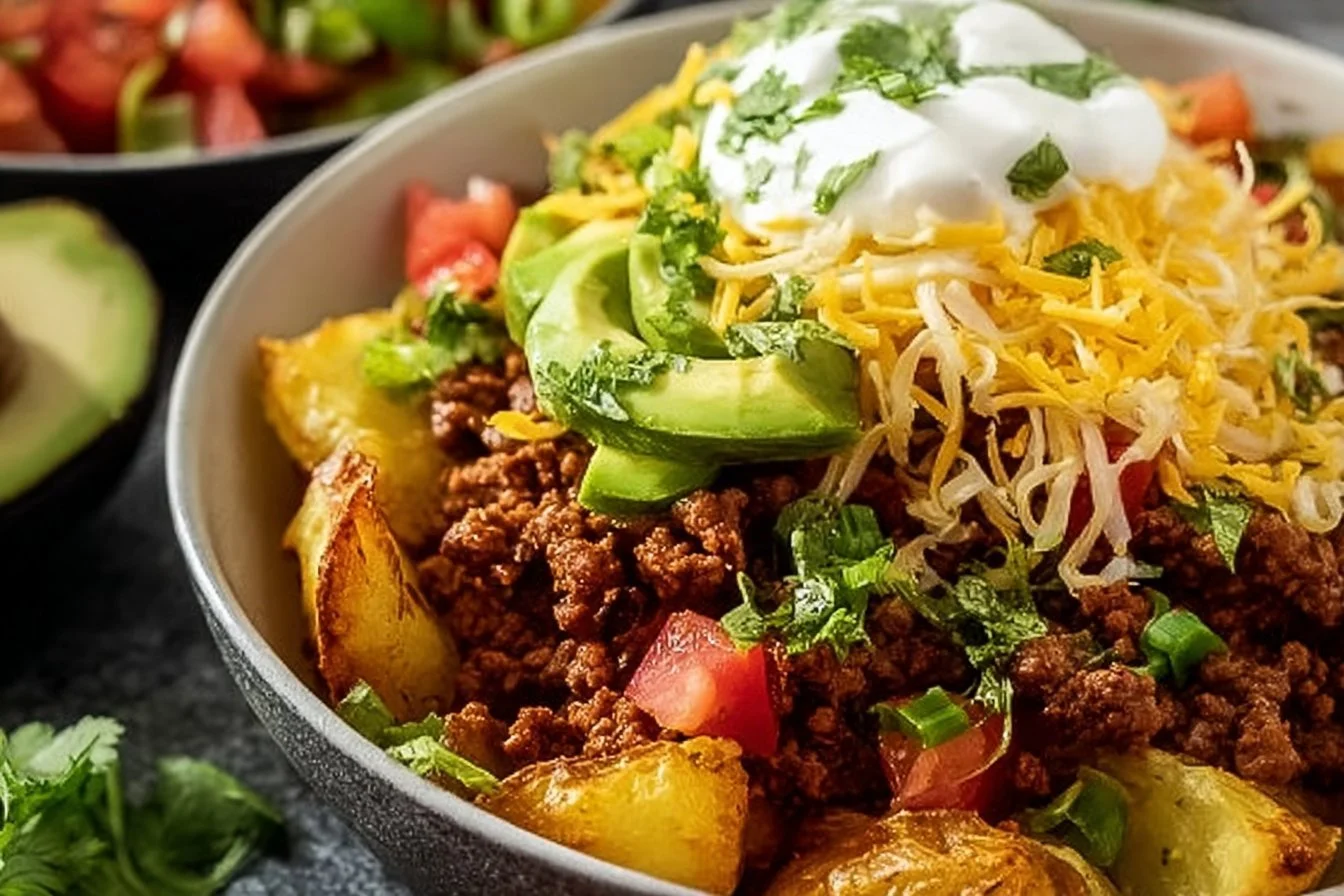 Loaded Potato Taco Bowl with toppings and fresh ingredients