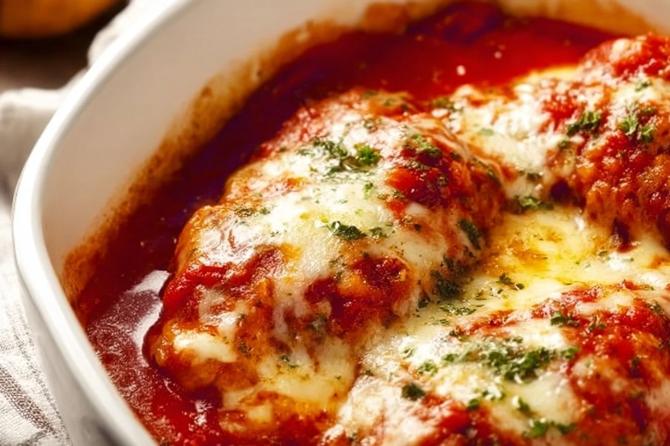 Low-Carb Chicken Parmesan 4 Delicious low-carb Chicken Parmesan served with fresh herbs and cheese