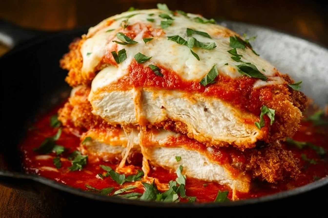 Melt-in-your-mouth chicken parmesan served with fresh basil and melted cheese