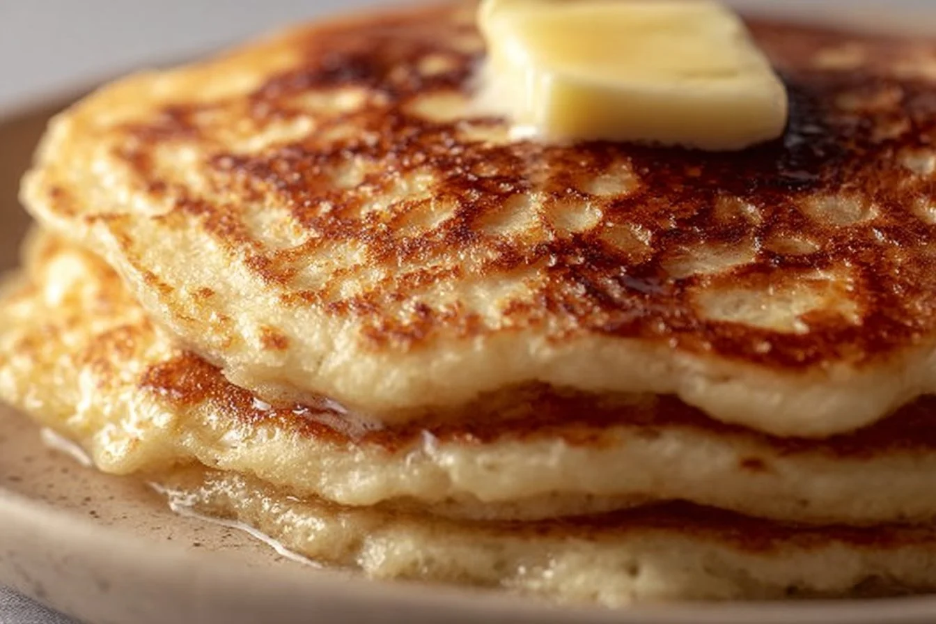 Fluffy oatmeal pancakes without banana served on a plate with syrup