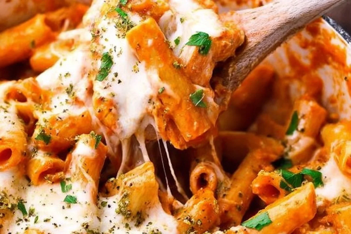 One Pot Chicken Parmesan Pasta 4 One Pot Chicken Parmesan Pasta topped with cheese and herbs