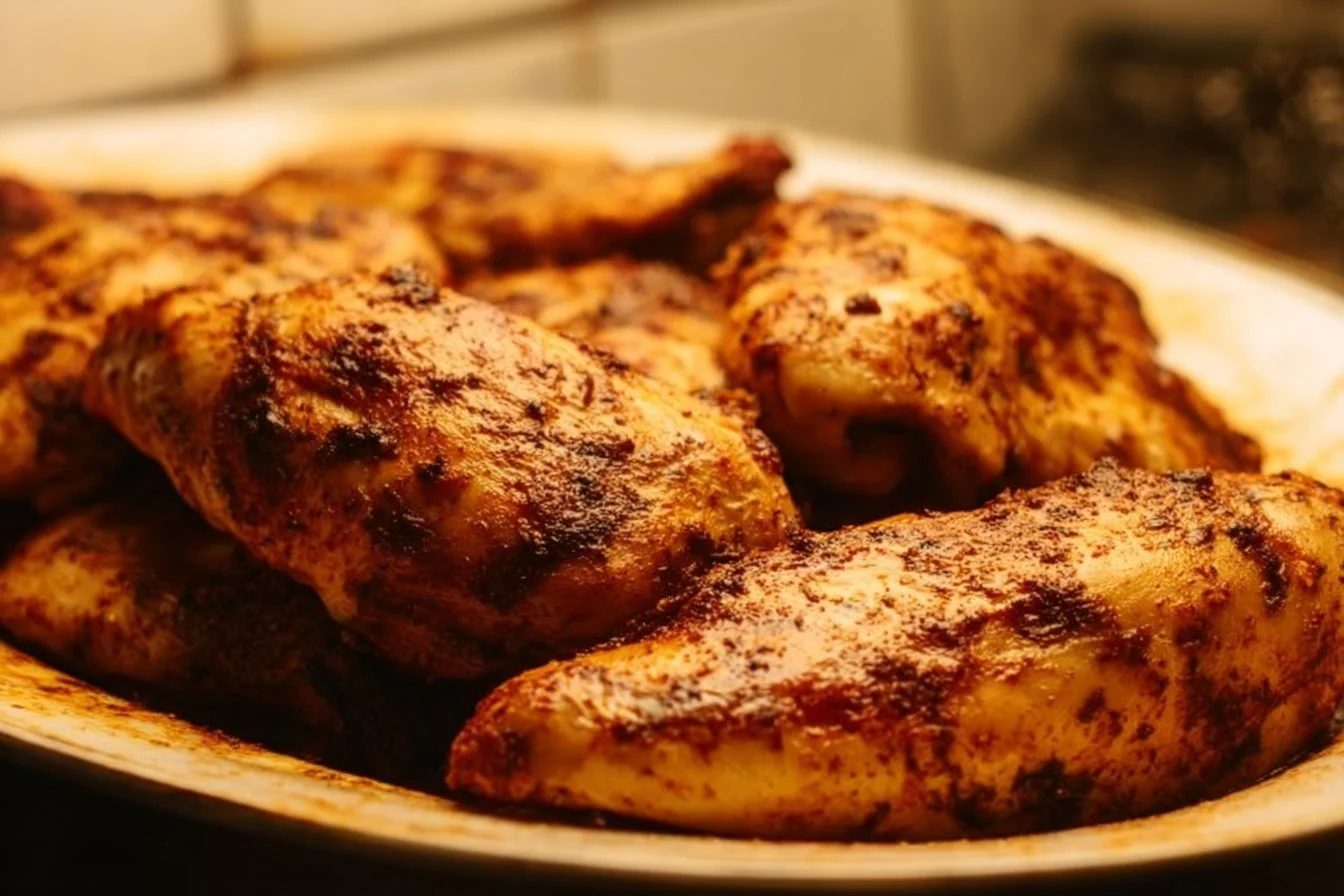 Juicy oven baked chicken breast in a dish with herbs and spices