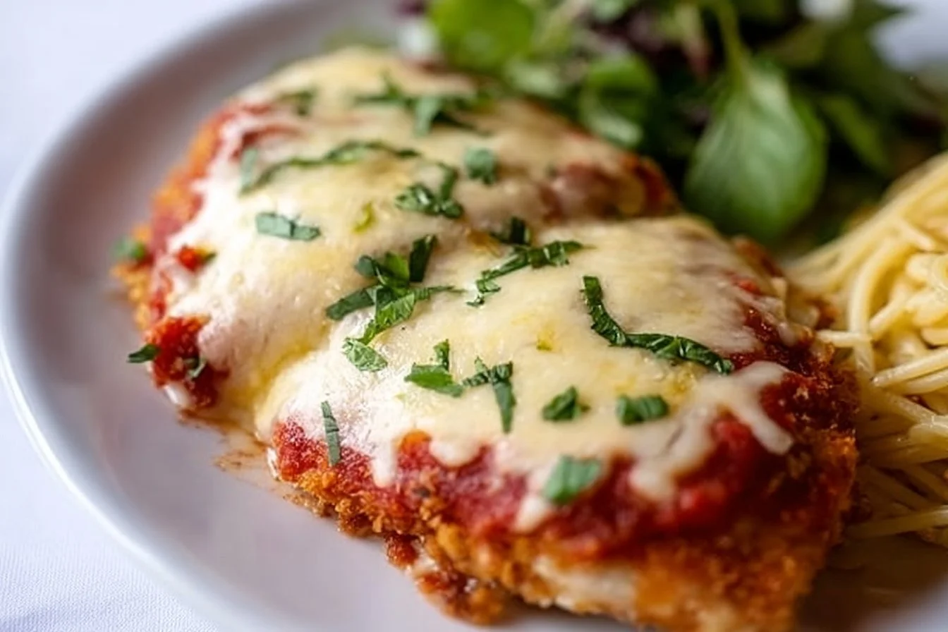 Oven baked chicken parmesan served with pasta and garnished with fresh basil.