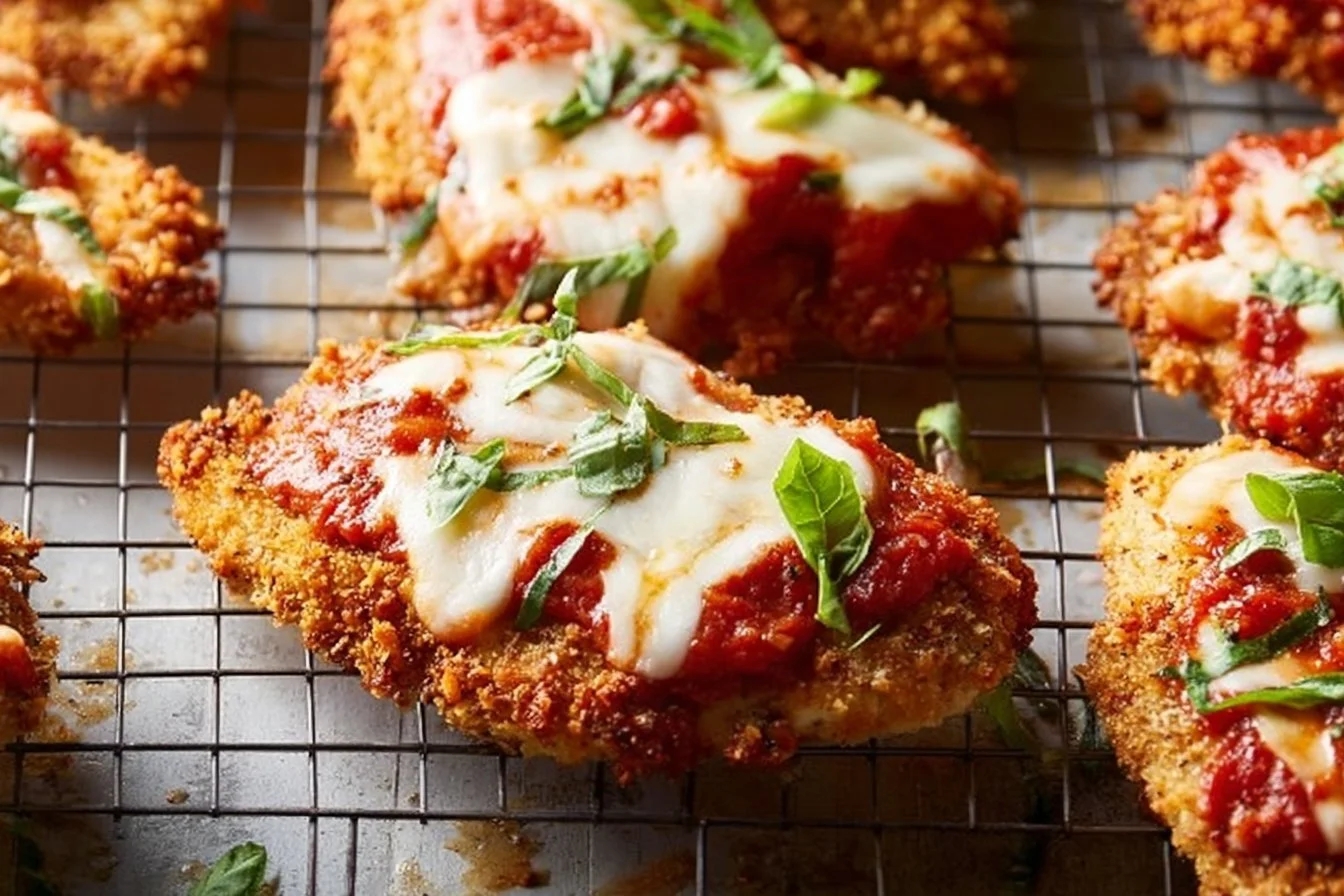 Oven-Baked Chicken Parmesan with cheese and marinara sauce served on a plate