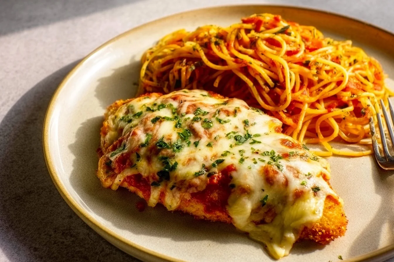 Delicious oven baked chicken Parmesan with a crispy topping and rich tomato sauce.