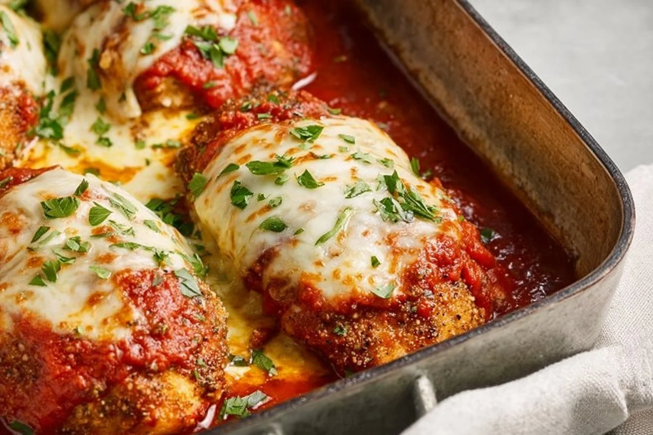 Oven Baked Chicken Parmesan 4 Crispy Oven Baked Chicken Parmesan topped with cheese and marinara sauce