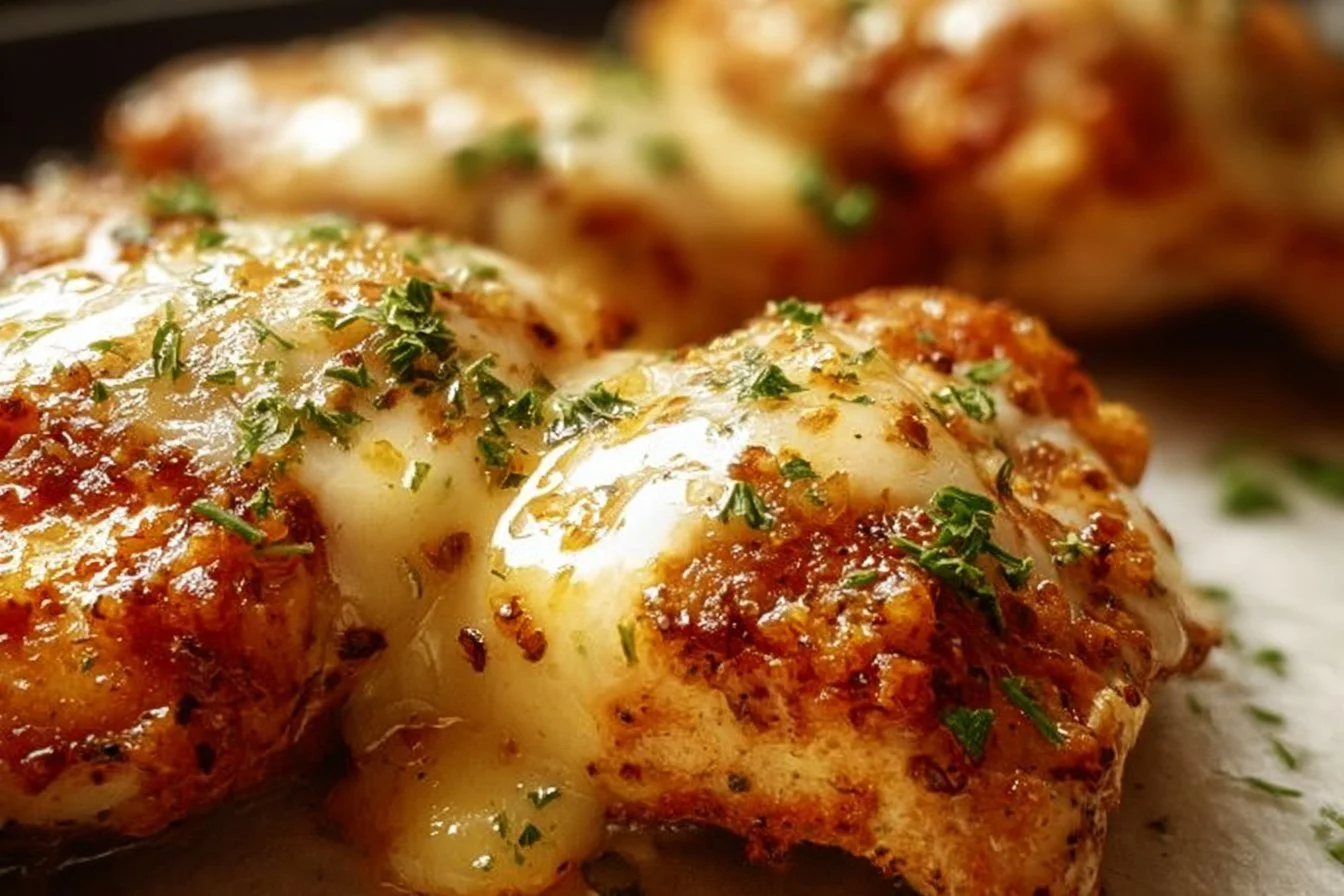 Oven-Baked Chicken Parmesan Delight 4 Oven-Baked Chicken Parmesan Delight served with pasta and garnished with herbs.