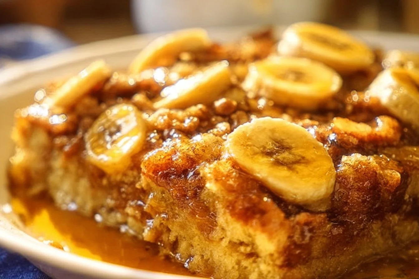 Overnight Baked Banana French Toast Casserole with sliced bananas and syrup