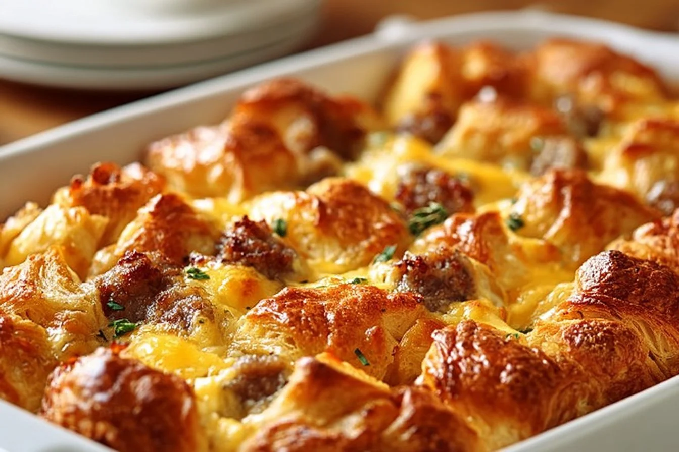 Overnight Croissant Breakfast Casserole 4 Delicious overnight croissant breakfast casserole served in a dish