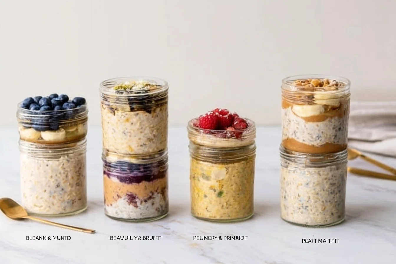 Bowl of creamy overnight oats topped with fruits and nuts for a healthy breakfast