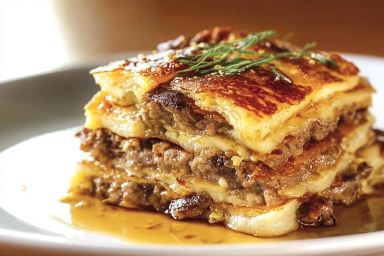 Pancake Sausage Casserole 4 Pancake Sausage Casserole topped with syrup and sliced sausage for a delicious brunch