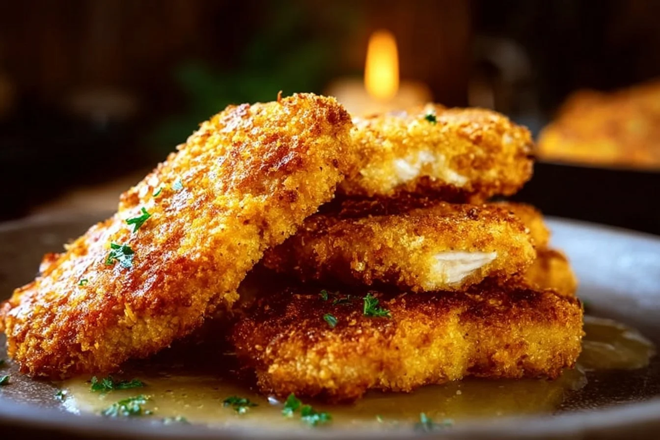 Plate of golden Parmesan Crusted Chicken garnished with herbs.