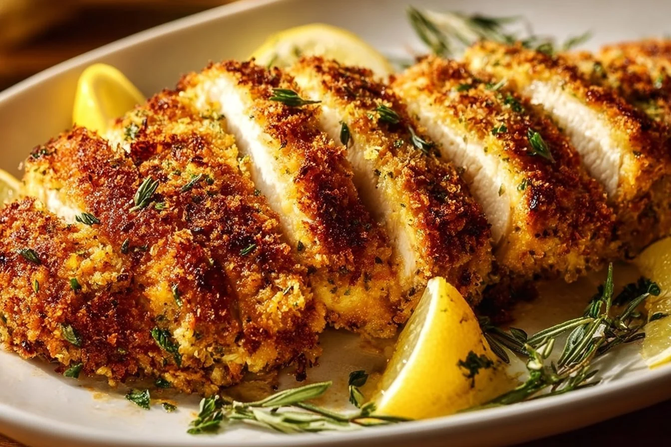 Delicious Parmesan Crusted Chicken served with herbs and garnishes