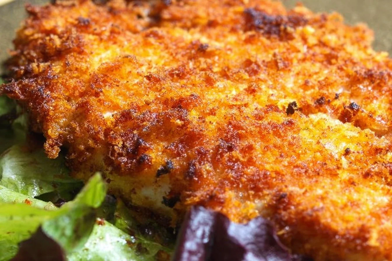Parmesan Crusted Chicken Cutlets 5 Parmesan Crusted Chicken Cutlets served on a plate with herbs and lemon garnish