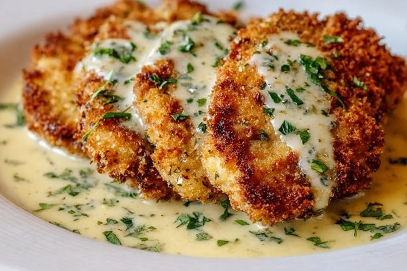 Parmesan Crusted Chicken served with Creamy Garlic Sauce on a plate