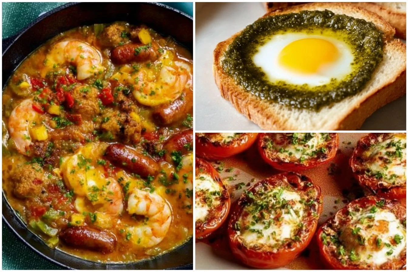 Delicious pesto eggs served on a plate with fresh herbs