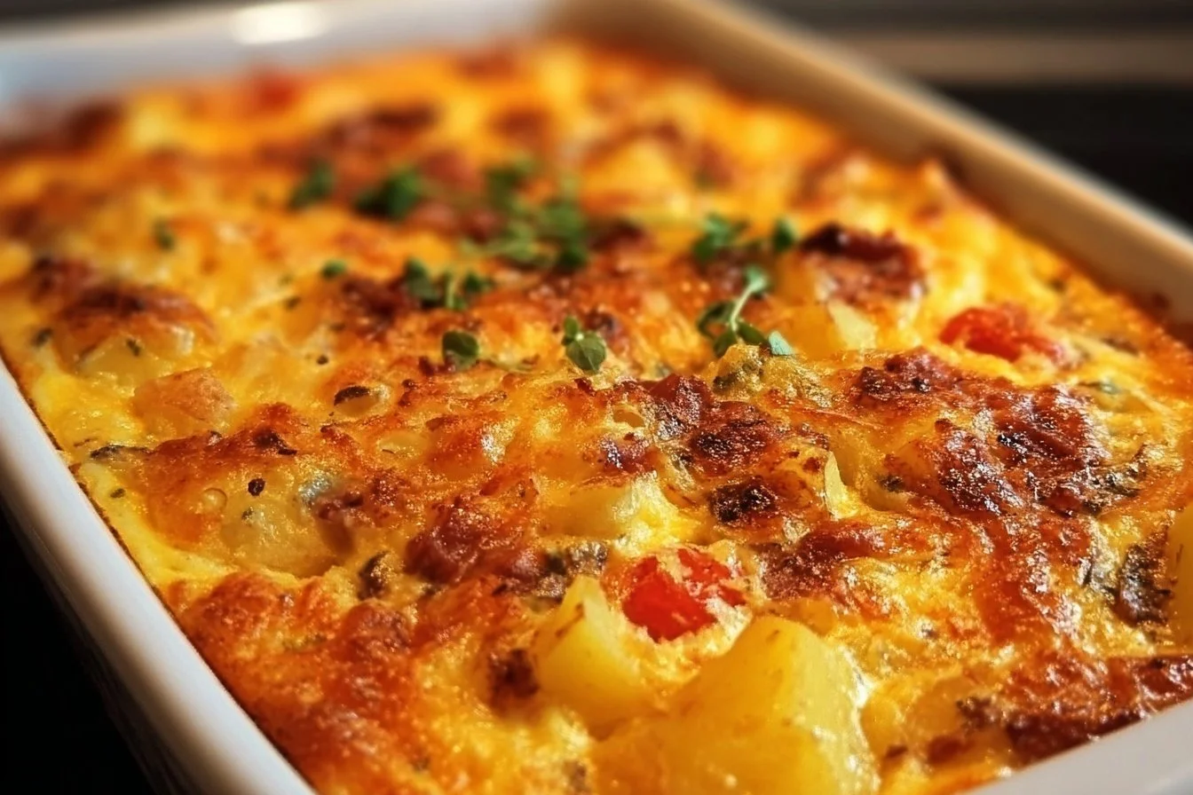 Potato Breakfast Casserole 4 Delicious Potato Breakfast Casserole with cheese and vegetables baked to perfection.