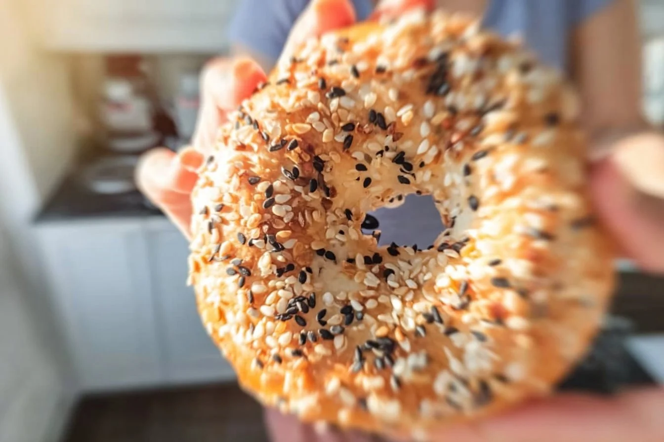 Protein Bagels with Cottage Cheese on a wooden board