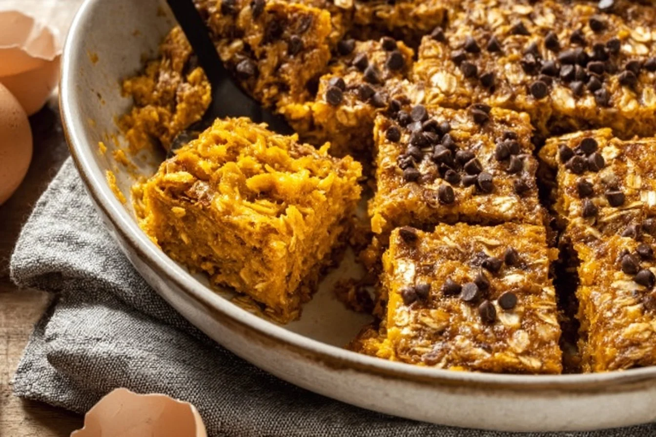 Pumpkin Baked Oatmeal 4 Bowl of pumpkin baked oatmeal topped with nuts and spices
