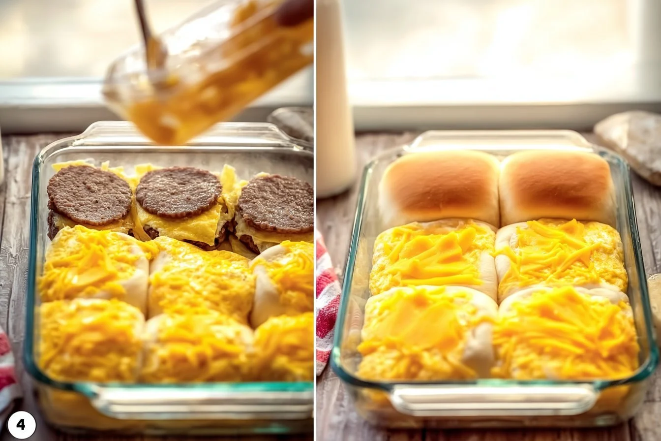 Sausage egg and cheese breakfast sliders served on a plate.