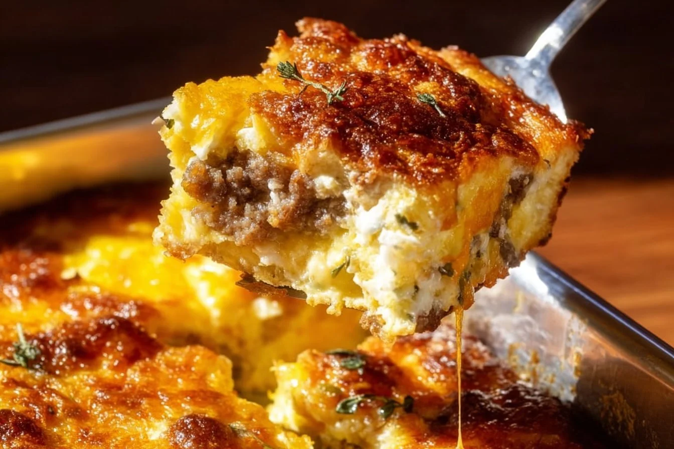 Delicious Sausage, Egg, and Cream Cheese Hashbrown Casserole served in a baking dish.