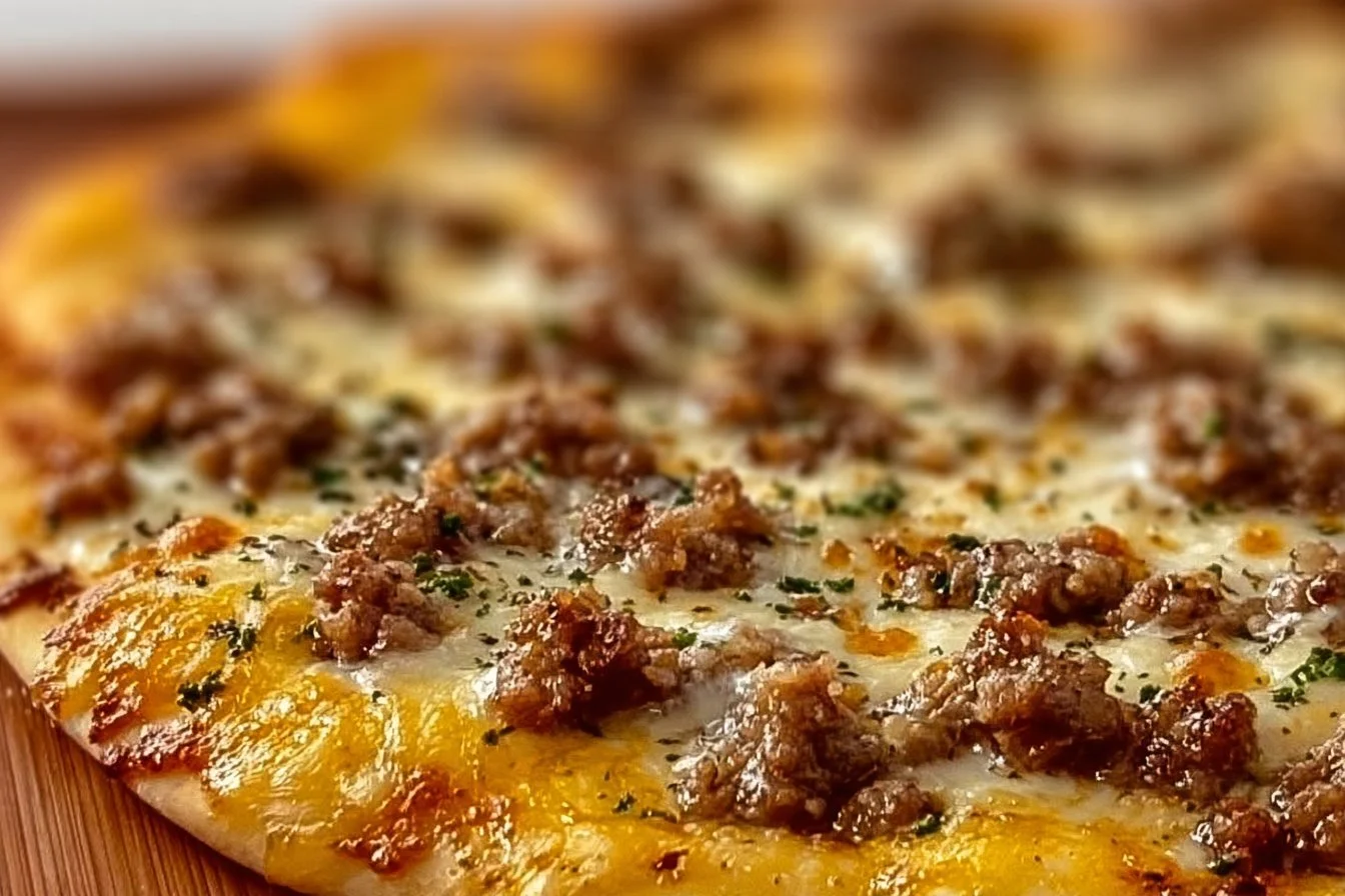 Sausage Gravy Breakfast Pizza topped with sausage, cheese, and gravy on a crispy crust