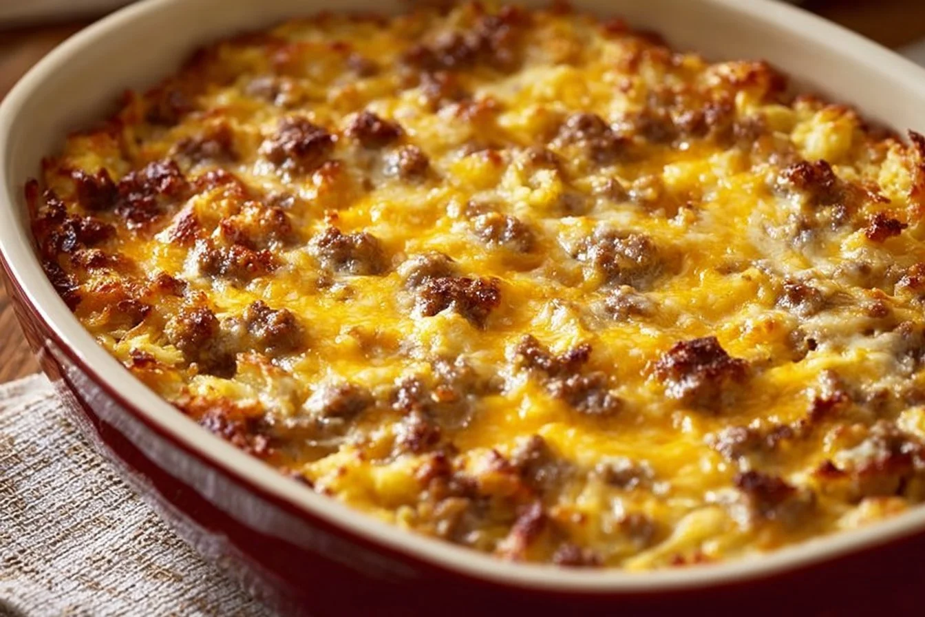 Sausage Hash Brown Breakfast Casserole fresh out of the oven, ready to serve.