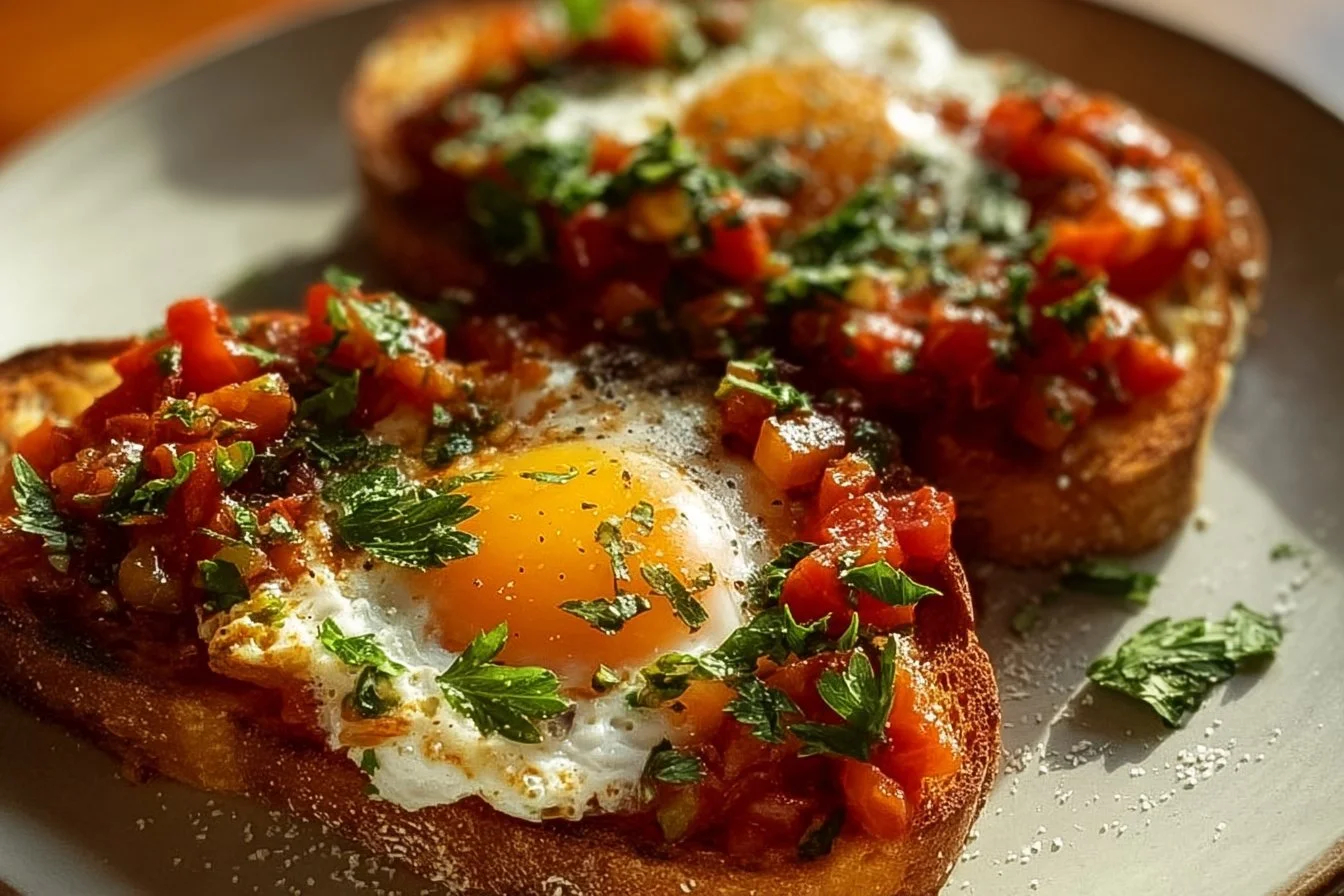 Delicious Shakshouka Toast topped with poached eggs and spicy tomato sauce.