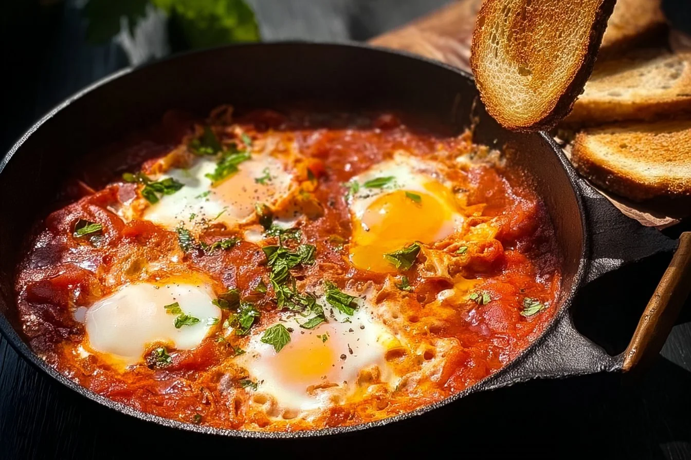 A colorful plate of Shakshuka with poached eggs and spices.