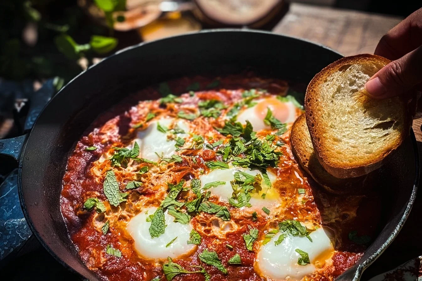 Healthy shakshuka dish with poached eggs and tomatoes served in a skillet