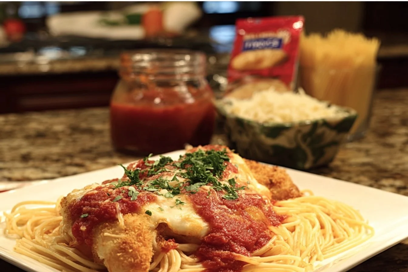 Delicious Shortcut Chicken Parmesan served with marinara sauce and cheese