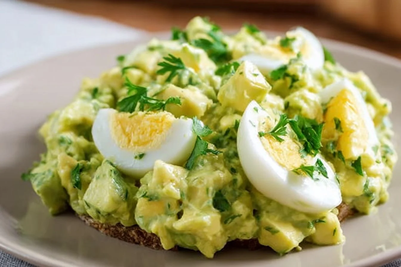 Mediterranean avocado egg salad garnished with herbs in a bowl