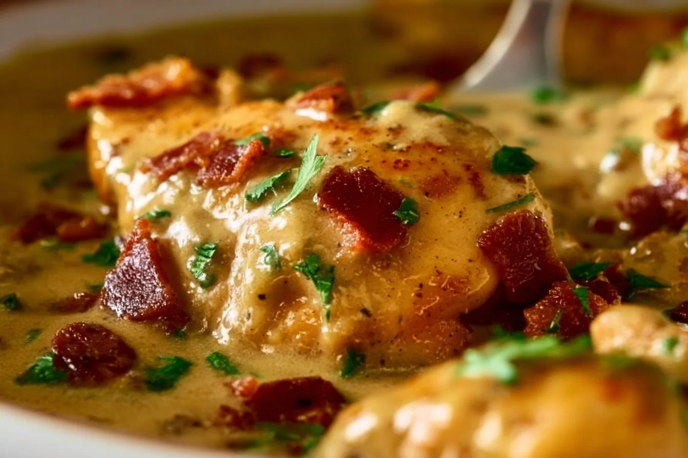 Plate of tender Smothered Chicken topped with savory gravy and garnished with herbs