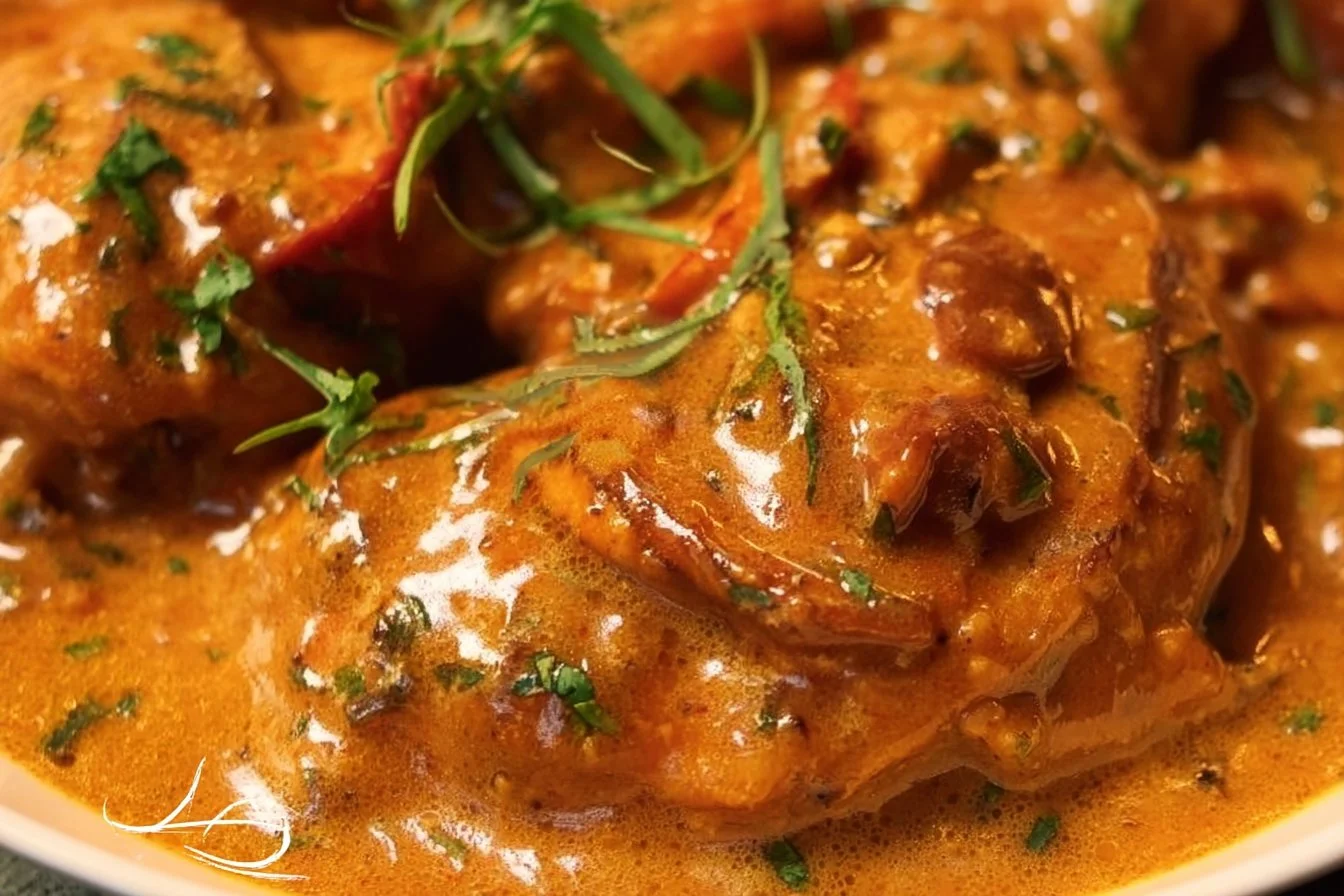 Savory smothered chicken dish served with gravy and vegetables