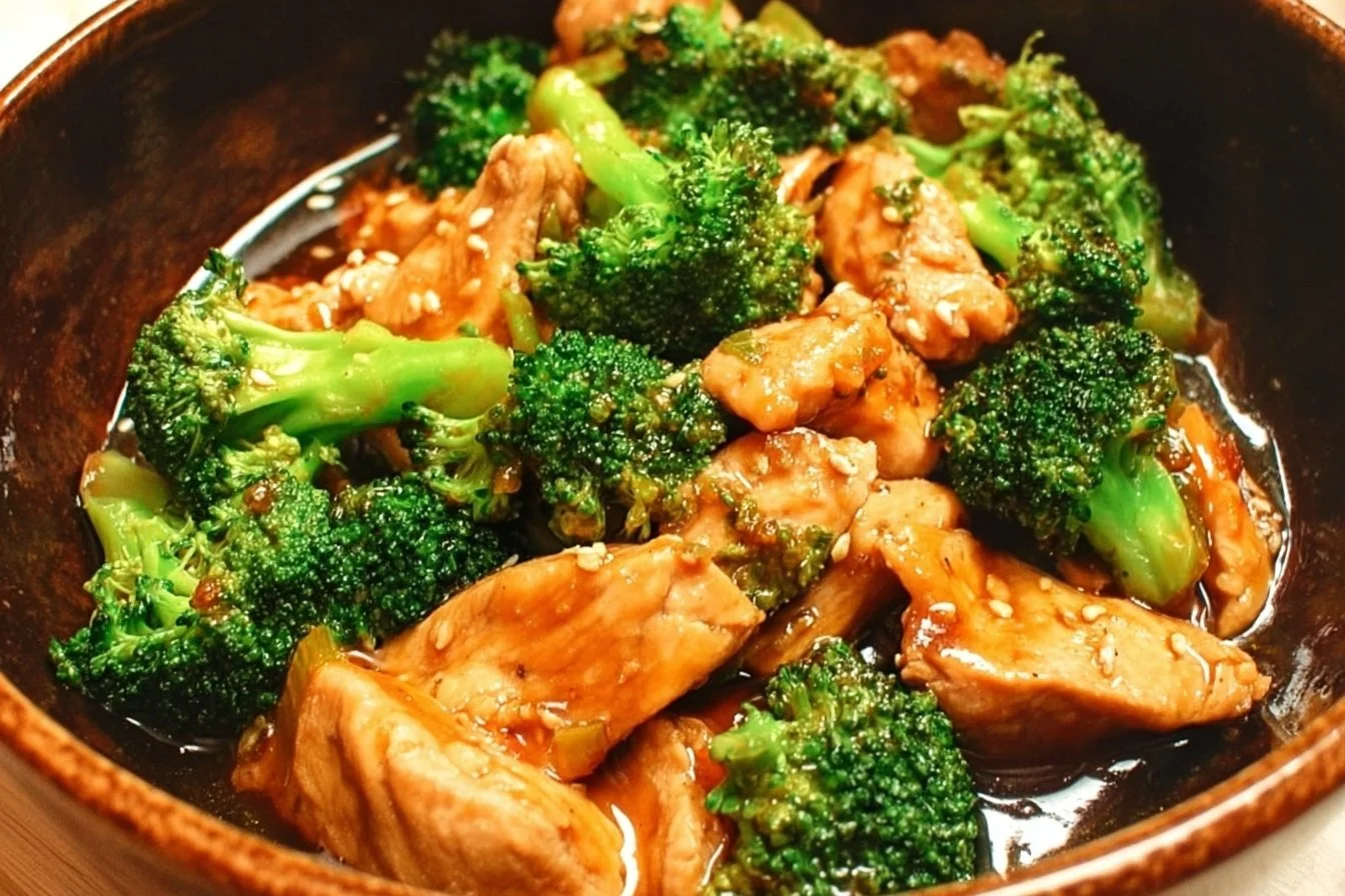 Stir-fried Chinese chicken with broccoli served in a bowl