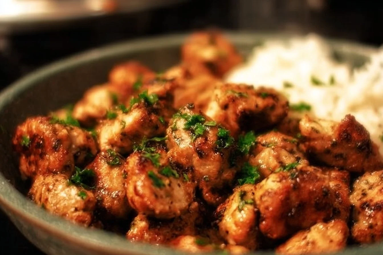 Succulent Chicken Breast Bites 5 Plate of succulent chicken breast bites garnished with herbs