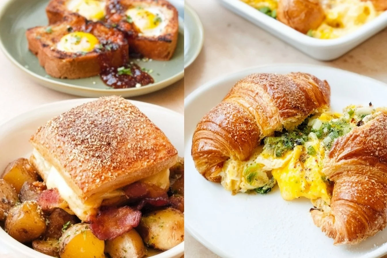 Sunday Breakfast Ideas 4 Delicious Sunday breakfast ideas including pancakes, eggs, and fruit.