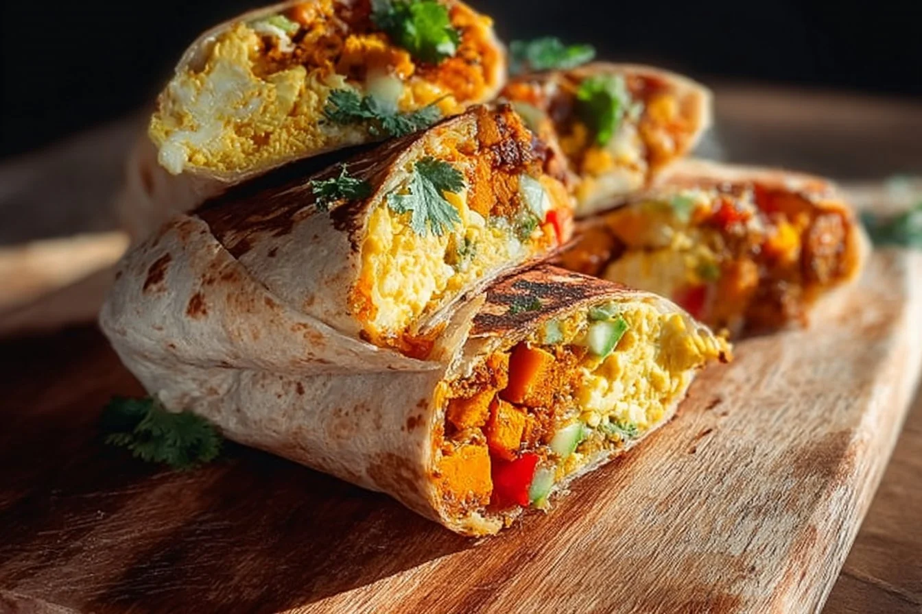 Sweet Potato Breakfast Burritos filled with eggs and fresh ingredients