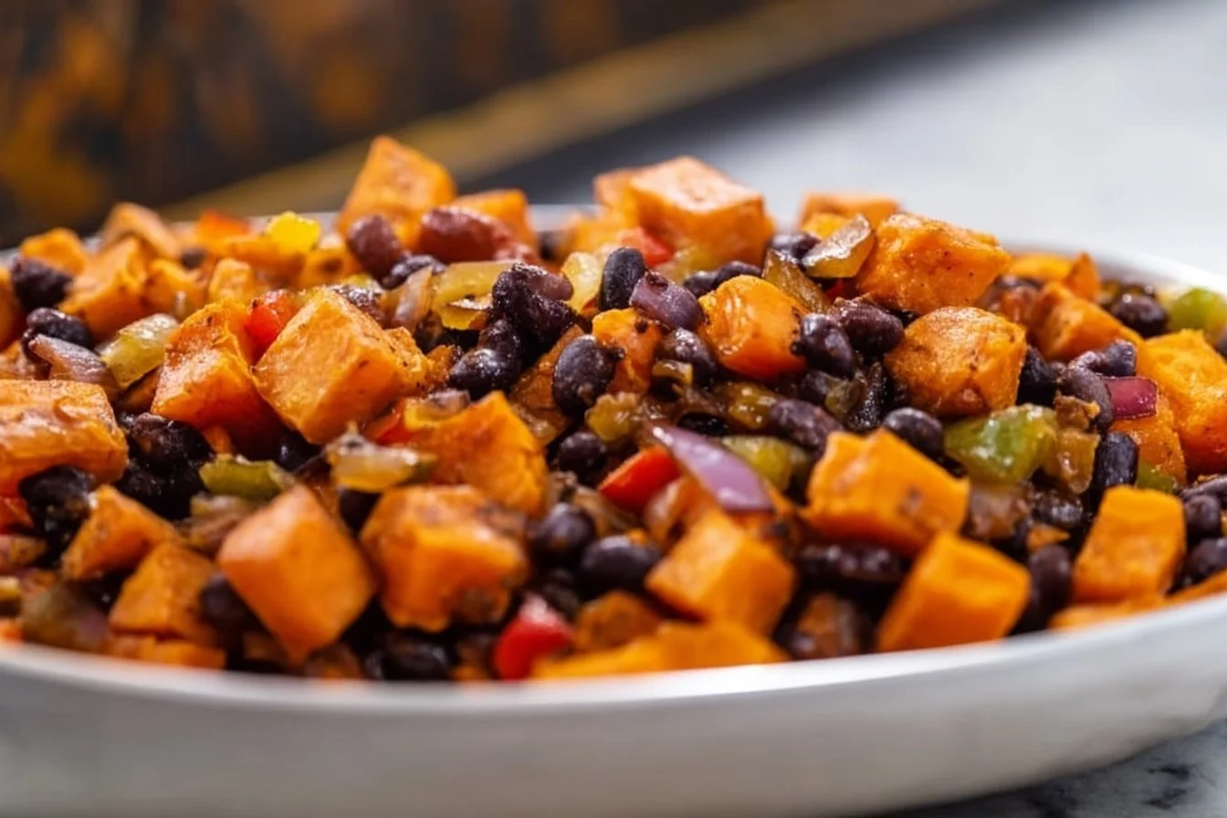 Sweet Potato Breakfast Hash 4 Colorful Sweet Potato Breakfast Hash with vegetables in a skillet.