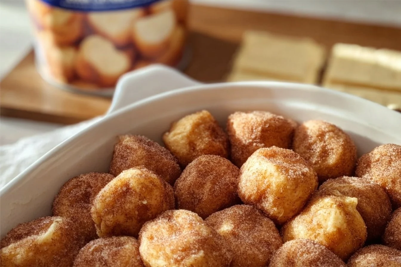 A plate of freshly made donut holes dusted with powdered sugar