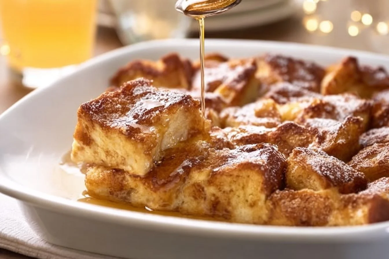 Delicious traditional French toast casserole baked with cinnamon and topped with syrup.