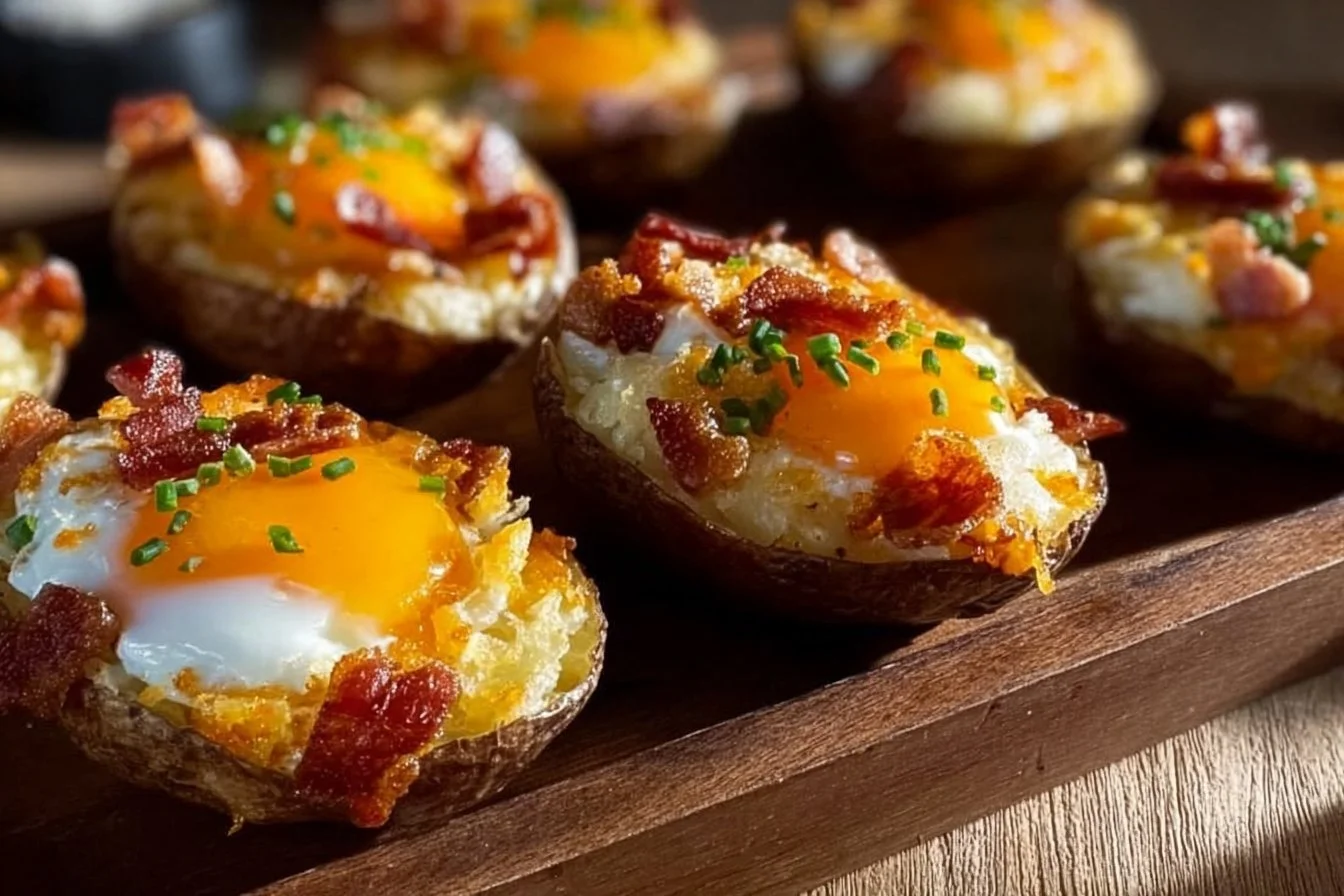 Twice Baked Loaded Breakfast Potatoes 4 Twice Baked Loaded Breakfast Potatoes topped with cheese and herbs.
