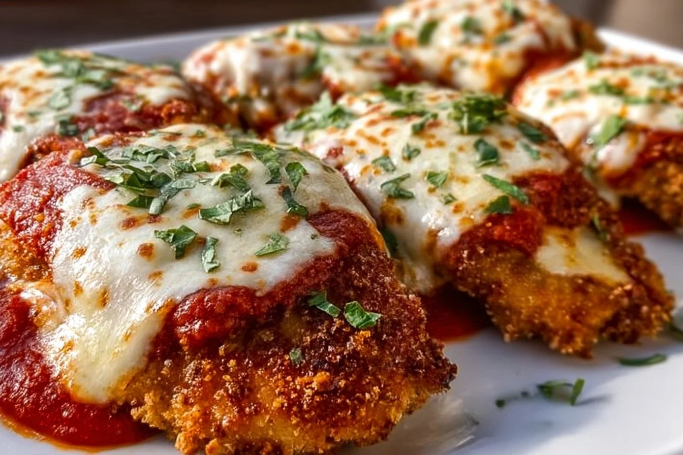Crispy chicken parmesan served with marinara sauce and melted mozzarella cheese.
