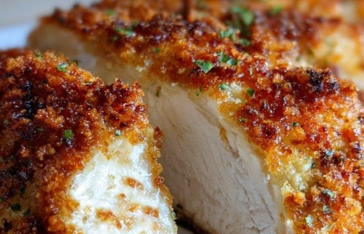 Ultimate juicy baked Parmesan crusted chicken served on a plate