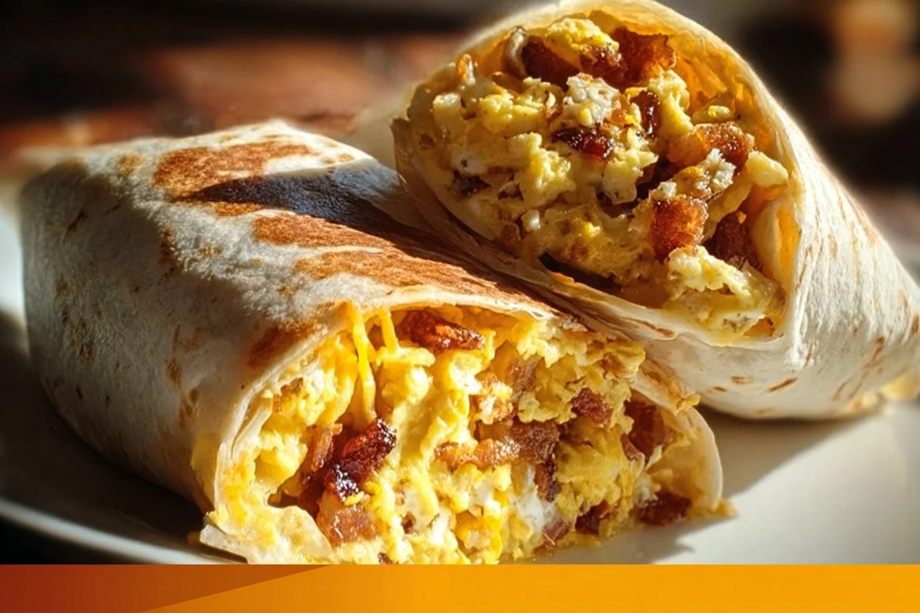 Healthy caramelized onion and cheese breakfast burrito served on a plate.