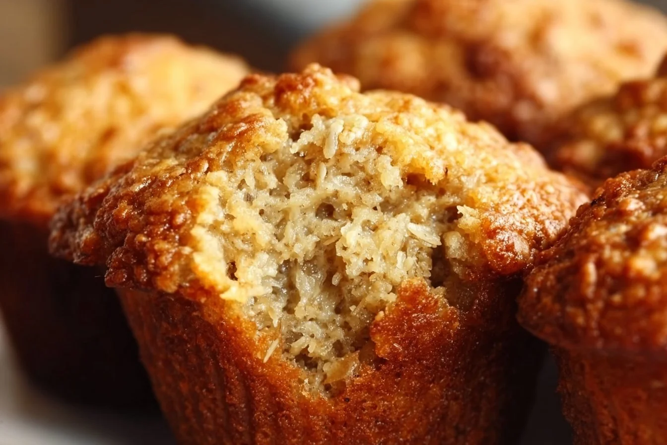 Freshly baked banana oat muffins on a wooden table